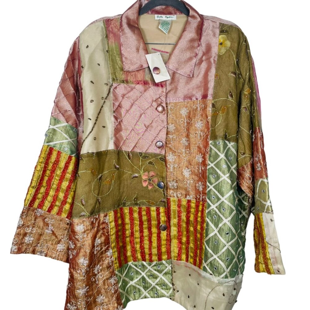 Ulla Popken NEW Patchwork Embroidered Silk Organza Boho Jacket Size 24/26
